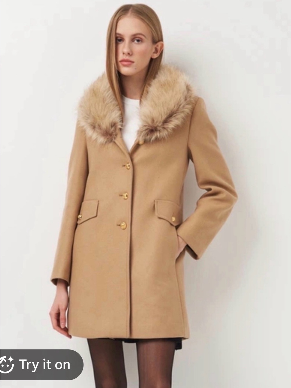 Zara Wool-Blend Faux Fur Collar Coat in Camel